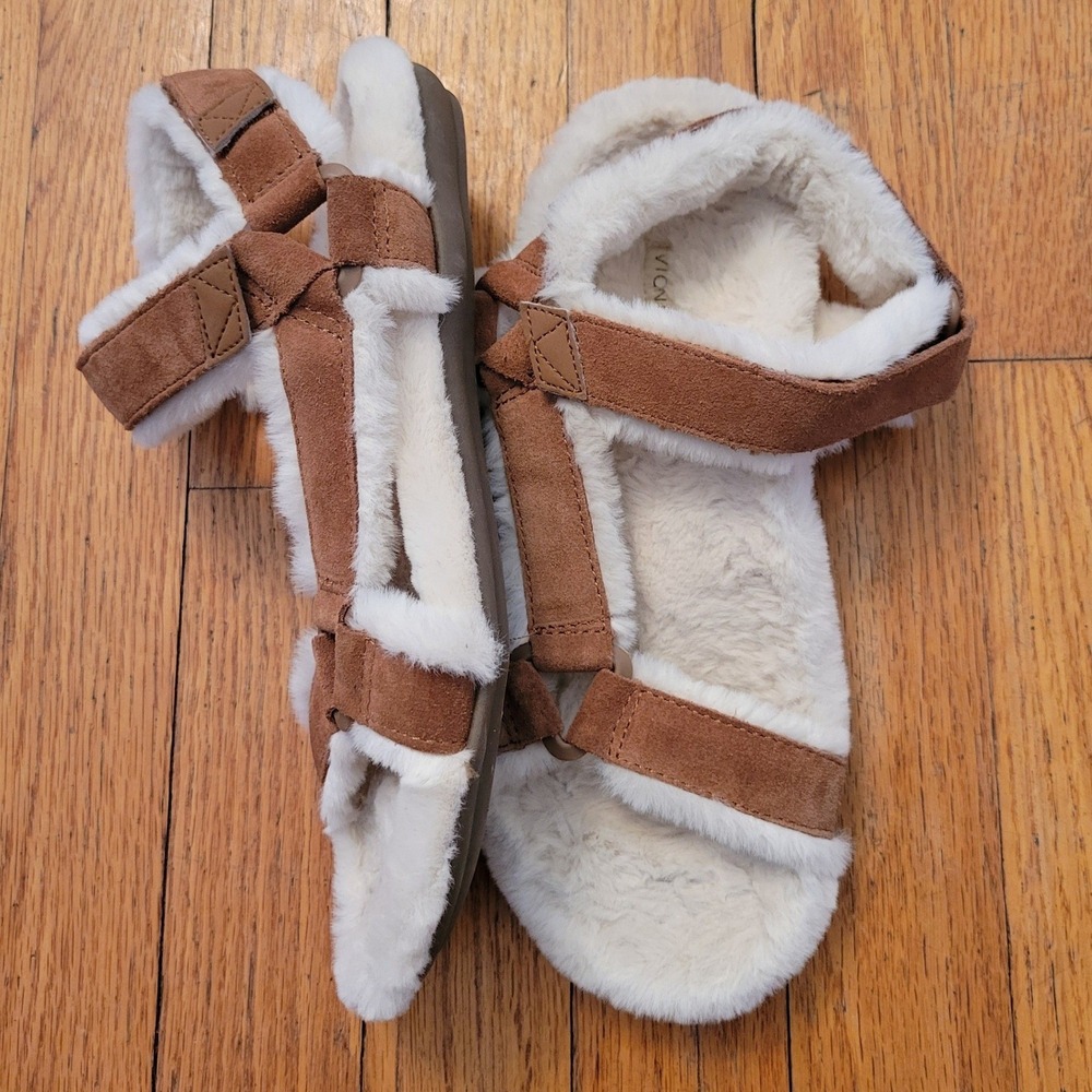 Vionic Viva Faux Fur Comfort Sandals Brown Leather‎ Lounge House Shoes Cozy